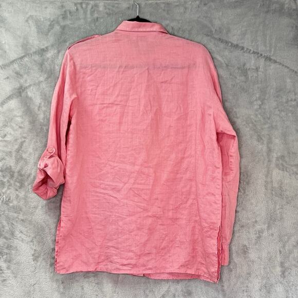 Allison Taylor Linen Silk Trim Pink Button Down Embroidery Long Sleeve Blouse M - Picture 7 of 12